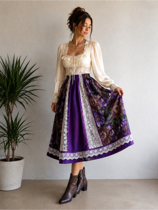 Carefree Fashion Dresses & Skirts - Vintage Purple Floral Lace Patchwork Midi‎ Skirt Cottagecore Prairie Fairycore